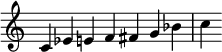 {
\override Score.TimeSignature #'stencil = ##f
\relative c' {\time 7/4 c ees e f fis g bes c} }