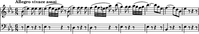 
<<
  \new Staff   \relative c'' {
         \clef "treble" 
         \tempo "Allegro vivace assai"
         \key ees \major
         \time 6/8
          \tempo 4 = 170
    \partial 8 bes8 (ees4) ees8 ees4 ees8
    ees4 (f32 ees d ees g8) r8 
    bes,8 (f'4) f8 f4 f8
    f4 (g32 f e f aes8) r8
    bes (g4) g8 g4 aes32 (g f g bes4.) ~ bes8 g ees
    f4. ~ f8 d bes ees4 r8 r4 r8
}
 \new Staff \relative c {      
         \clef  "bass"  
         \key ees \major
         \time 6/8  
         \partial 8 r8 ees4 r8 r4 r8 ees4 r8 r4 r8
         d4 r8 r4 r8 d4 r8 r4 r8
         ees4 r8 r4 r8 ees4 r8 r4 r8
         bes4 r8 r4 r8
         ees4 r8 r4 r8
}
>>
