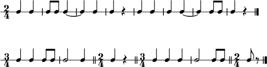 
\header {
  tagline = ##f
}

\score {
  \new RhythmicStaff {
    \override Score.SpacingSpanner #'base-shortest-duration =
    #(ly:make-moment 1 8)
    \numericTimeSignature
    \override Voice.TextScript #'padding = #1.8
    
    \time 2/4
    
    c c | c8 c c4~ | c c | c r | c c | c c~ | c c8 c | c4 r
    \bar "|."
  }
  \layout {
    indent = #0
  }
  \midi {}
}

\score {
  \new RhythmicStaff {
    \override Score.SpacingSpanner #'common-shortest-duration =
    #(ly:make-moment 1 8)
    \numericTimeSignature
    \override Voice.TextScript #'padding = #1.8
    
    \time 3/4

    c c c8 c | c2 c4 \bar "||"
    \time 2/4 c r \bar "||"
    \time 3/4 c c c | c2 c8 c \bar "||"
    \time 2/4 c r
    \bar "|."
  }
  \layout {
    indent = #0
  }
  \midi {}
}
