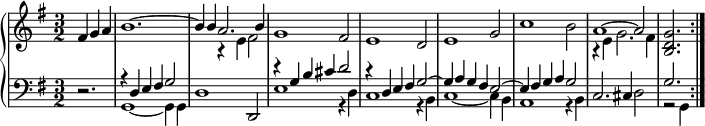 
\version "2.18.2"
\header {
  tagline = ##f
}
upper = \relative c' {
  \clef treble 
  \key g \major
  \time 3/2
  \tempo 2 = 88
  \set Staff.midiInstrument = #"harpsichord"

   %%Froberger — Courante (double), Suite Mayerin
   \partial 2. fis4 g a  
   << { b1.~ b4 b a2. b4 } \\ { s1. s2 r4 e,4 fis2 } >> 
   g1 fis2 e1 d2 e1 g2 c1 b2
   << { a1~ a2 } \\ { r4 e4 g2. fis4 } >>
   < g d b >2. \bar ":|."

}

lower = \relative c {
  \clef bass
  \key g \major
  \time 3/2
  \set Staff.midiInstrument = #"harpsichord"

   r2. << { r4 d4 e fis g2 } \\ { g,1~ g4 g } >>
   d'1 d,2
   << { r4 g'4 b cis d2 } \\ { e,1 r4 d4 } >>
   << { r4 d4 e fis g2~ } \\ { c,1 r4 b4 } >>
   << { g'4 a g fis e2~ } \\ { c1~ c4 b } >>
   << { e4 fis g a g2 } \\ { a,1 r4 b4 } >>
   c2. cis4 d2
   << { g2. } \\ { r2 g,4 } >>

}

  \header {
    piece = ""
  }

\score {
  \new PianoStaff <<
    \new Staff = "upper" \upper
    \new Staff = "lower" \lower
  >>
  \layout {
      #(layout-set-staff-size 17)
    \context {
      \Score
     \override SpacingSpanner.common-shortest-duration = #(ly:make-moment 1/2)
      \remove "Metronome_mark_engraver"
    }
  }
  \midi {   \set Staff.midiInstrument = #"harpsichord" }
}
