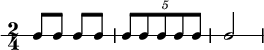  \new RhythmicStaff {
   \clef percussion
   \time 2/4
   \set Score.tempoHideNote = ##t \tempo 4 = 100
   c8 c c c
   \tuplet 5/4 { c8 c c c c }
   c2
}
