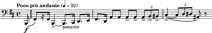  \relative c { \clef bass \time 4/4 \set Staff.midiInstrument = #"bassoon"  \tempo "Poco più andante" 4=92 \key b \minor \partial 16*1 b,16\f( \bar "||" fis'8)[ r16 fis] b,4->~ b8._"pesante" cis16 d8. e16 | fis8. d16 a'8 a a-> a-> \times 2/3 { a-> b-> bis-> } | cis4->~( \times 2/3 { cis8 d dis } ais) r } 