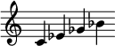  {
\override Score.TimeSignature #'stencil = ##f
\relative c' {\clef treble \time 7/4 c4 ees ges bes} }