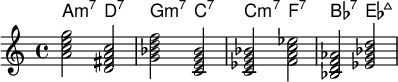 <<
    \new ChordNames \chordmode {
  a2:m7 d:7 g:m7 c:7 c:m7 f:7 bes:7 es:maj
  }
  \new Staff \relative c''{
<a c e g> < d, fis a c > <g bes d f> <c, e g bes> <c ees g bes> <f a c ees> <bes, d f aes> < ees g bes d> }

  >>