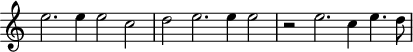 
\header {
  tagline = ##f
}

\score {
  \new Staff \with {
     \remove "Time_signature_engraver"
  }
<<
  \relative c'' {
    \key c \major
    %\clef bass
    \time 4/2
    \override TupletBracket #'bracket-visibility = ##f 

     %%% f° 59-60
     e2. e4 e2 c  d  e2. e4 e2 r2 e2. c4  e4.  d8

  }
>>
  \layout {
     \context { \Score \remove "Metronome_mark_engraver" }
  }
  \midi {}
}
