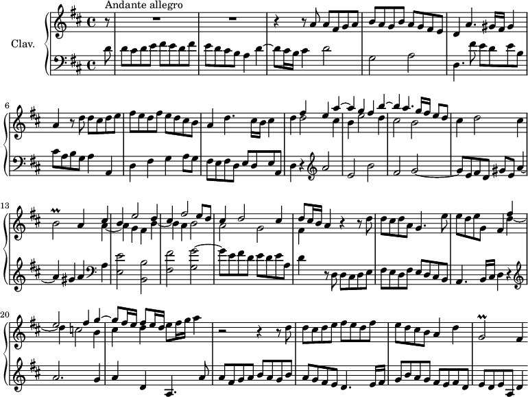 
\version "2.18.2"
\header {
  tagline = ##f
  % composer = "Domenico Scarlatti"
  % opus = "K. 287"
  % meter = "Andante allegro"
}

%% les petites notes
trillBb       = { \tag #'print { b2\prall } \tag #'midi { cis32 b cis b~ b8~ b4 } }
trillGbDown   = { \tag #'print { g,2\prall } \tag #'midi { a32 g a g~ g8~ g4 } }

upper = \relative c'' {
  \clef treble 
  \key d \major
  \time 4/4
  \tempo 4 = 122
  \set Staff.midiInstrument = #"church organ"
  \override TupletBracket.bracket-visibility = ##f

    \partial 8
      s8*0^\markup{Andante allegro}
      r8 | R1*2 | r4 r8 a8 a fis g a | b a g b a g fis e |
      % ms. 5
      d4 a'4. gis16 fis gis4 | a r8 d8 d cis d e | fis e d fis e d cis b | a4 d4. cis16 b cis4 |
      % ms. 9
      d4 << { fis4 e a~ | a g fis b~ | b a4. g16 fis e8 d } \\ { d2 cis4 | b e2 d4 | cis2 b } >> | cis4 d2 cis4 | \trillBb a4 
      % ms. 13 fin
      << { cis4 | b e2 d4 | cis fis2 e8 d | cis4 d2 cis4 | d8 cis16 b a4 } \\ { a4~ | a4 g fis b~ | b a b2 | a g | fis4 } >> r4 r8 d'8 | d cis d a g4. e'8 |
      % ms. 19
      e8 d e g, fis4 << { fis'4 | e2 fis4 g~ | g8 fis16 e  fis8 e16 d } \\ { d4~ | d4 c2 b4 | cis d } >> e8 fis16 g a4 | r2 r4 r8 d,8 |
      % ms. 23
      d8 cis d e fis e d fis | e d cis b a4 d | \trillGbDown fis4

}

lower = \relative c' {
  \clef bass
  \key d \major
  \time 4/4
  \set Staff.midiInstrument = #"church organ"
  \override TupletBracket.bracket-visibility = ##f

    % ************************************** \appoggiatura a16  \repeat unfold 2 {  } \times 2/3 { }   \omit TupletNumber 
      d8 | d cis d e fis e d fis | e d cis b a4 d~ | d8 cis16 b cis4 d2 | g, a |
      % ms. 5
      d,4. fis'8 e d e b | cis a b g a4 a, | d fis g a8 g | fis e fis d e d e a, |
      % ms. 9
      d4 r4   \clef treble  a''2 e b' | fis g2~ | g8 e fis d gis e a4~ | a gis a   \clef bass a,  |
      % ms. 14
      < e e' >2 < b b' > | < fis' fis' > < g g' >~ | g'8 e fis d e d e a, | d4 r8 d,8 d cis d e | fis e d fis e d cis b |
      % ms. 19
      a4. b16 cis d4 r4 | \clef treble  a''2. g4 | a d, a4. a'8 | a fis g a b a g b |
      % ms. 23
      a8 g fis e d4. e16 fis | g8 b a g fis e fis d | e d e a, d4 

}

thePianoStaff = \new PianoStaff <<
    \set PianoStaff.instrumentName = #"Clav."
    \new Staff = "upper" \upper
    \new Staff = "lower" \lower
  >>

\score {
  \keepWithTag #'print \thePianoStaff
  \layout {
      #(layout-set-staff-size 17)
    \context {
      \Score
     \override SpacingSpanner.common-shortest-duration = #(ly:make-moment 1/2)
      \remove "Metronome_mark_engraver"
    }
  }
}

\score {
  \keepWithTag #'midi \thePianoStaff
  \midi { }
}
