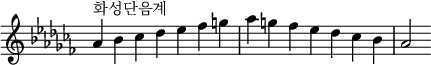  {
\omit Score.TimeSignature \relative c'' {
  \key aes \minor \time 7/4
  aes^"화성단음계" bes ces des es fes g aes g fes es des ces bes aes2
} }
