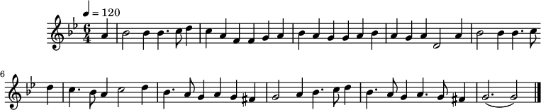 
X:173
L:1/4
M:6/4
K:Gm
Q:1/4=120
A|B2BB3/2c/2d|cAFFGA|BAGGAB|AGAD2A|\
B2BB3/2c/2d|c3/2B/2Ac2d|B3/2A/2GAG^F|\
G2AB3/2c/2d|B3/2A/2GA3/2G/2^F|(G3G2)|]
