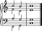 
\new PianoStaff <<
  { \omit Score.TimeSignature }
  \new Staff \fixed c' { << { c'2 b c'1 } \\ { f2 d e1 } >> \bar "|." }
  \new Staff { \clef bass << { a2 g g1 } \\ { f,2 g, c1 } >> }
>>
