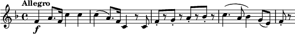 
\relative c' {
  \version "2.18.2"
  \key f \major
  \tempo "Allegro"
  \tempo 4 = 120
  f4\f a8. f16 c'4 c |
  c4( a8.) f16 c4 r8 c |
  f8-.[ r g-.] r a-.[ r bes-.] r |
  c4.( a8 bes4) g8( e) |
  f8-. r
}
