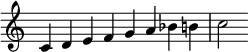  {
\override Score.TimeSignature #'stencil = ##f
\relative c' {\clef treble \time 8/4 c4 d e f g a bes b c2} }