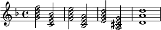  {\tempo 4 = 80
\set Score.tempoHideNote = ##t
{\key d \minor
\chordmode {g2:m7 c:7 f:maj7 bes,:maj7 e:m7.5- a,:7 d1:m5.8}
}}