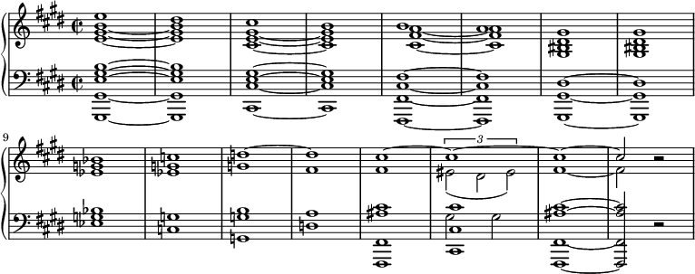 
\relative c' {
  \new PianoStaff <<
    \new Staff <<
      \new Voice {\set Staff.midiInstrument = #"brass section"
        \voiceOne \clef "treble" \key e \major \stemDown \time 2/2 \set Score.tempoHideNote = ##t \tempo 2 = 55
        <e gis b>1 _~ |
        <e gis b>1 |
        <cis e gis>1 _~ |
        <cis e gis>1 |
        <cis fis a>1 _~ |
        <cis fis a>1 |
        <gis bis dis>1 |
        <gis bis dis>1 |
        <es' g>1 |
        <es g>1 |
        g1 |
        fis1 |
        fis1 |
        <>_(\times 2/3 {
          eis2 dis2 eis2)
        } |
        fis1 _~ |
        fis2 b2\rest |
      }
      \new Voice {
        \voiceTwo
        \clef "treble" \key e \major \stemUp \time 2/2
        e1 |
        dis1 |
        cis1 |
        b1 |
        b1 |
        a1 |
        gis1 |
        gis1 \break |
        bes1 |
        c1 |
        d1 ^~ |
        d1 |
        cis1 ^~ |
        cis1 ^~ |
        cis1 ^~ |
        cis2 s2 |
      }
    >>
    \new Staff <<
      {
        \set Staff.midiInstrument = #"brass section" \key e \major \clef bass \time 2/2
        <gis,,, gis' e' gis b>1 ~ |
        <gis gis' e' gis b>1 |
        <cis cis' e gis>1 ~ |
        <cis cis' e gis>1 |
        <fis, fis' cis' fis>1 ~ |
        <fis fis' cis' fis>1 |
        <gis gis' dis'>1 ~ |
        <gis gis' dis'>1 |
        <es'' g bes>1 |
        <c g'>1 |
        <g g' b>1 |
        <d' a'>1 |
        <fis,, fis' ais' cis>1 |
        <cis' cis' cis'>1 |
        <fis, fis' ais' cis>1 ~ |
        <fis fis' ais' cis>2 r2 |
      }
      \new Voice {
        \voiceFour
        \clef "bass" \key e \major \stemDown \time 2/2
        s1*8 s1*5 |
        gis''2 gis2 |
        s1*2 |
      }
    >>
  >>
}
