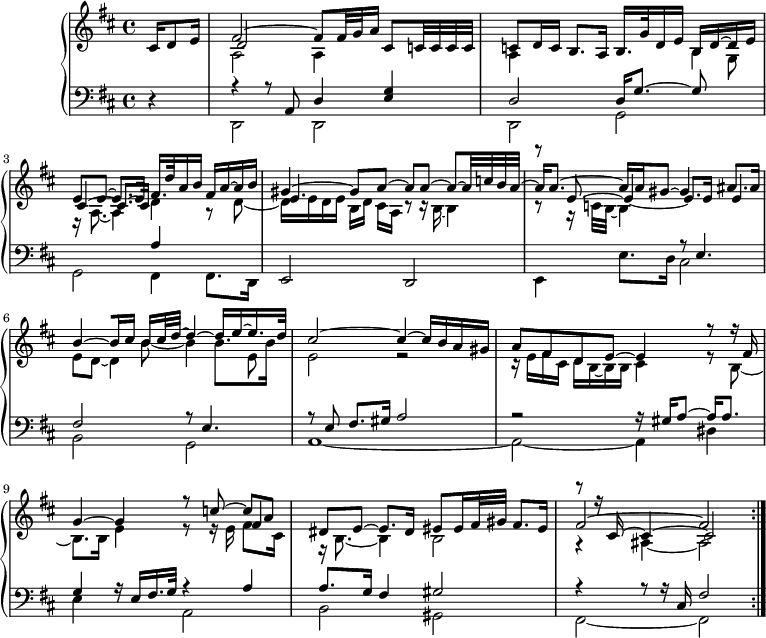 
\version "2.18.2"
\header {
  tagline = ##f
}
upper = \relative c' {
  \clef treble 
  \key d \major
  \time 4/4
  \tempo 4 = 38

   %%Froberger — Meditation
   \partial 4 cis16 d8 e16
   << { fis2~ fis8[ fis32 g a16] cis,8 c!32 c c c } \\ { a2 a4 } \\ { d2 } >>
   << { c8 d16 c b8. a16 b16. g'32 d16 e b[ d~ d e] } \\ { s2. s8 \stemDown g,8 } \\ { \stemDown a4 s2 b4 } >>
   << { e8 e~ e8. e16 fis16. d'32 a16 b fis a~ a b } \\ { r16 a,8._~ a4 d4 r8 d8~ } \\ { cis4~ cis8.~ cis16 } >>
   << { gis'4~ gis8 a~ a a~ a~ a32 c b a~ } \\ { d,16 e d e b[ d] cis[ a] r8 r16 b16~ b4 } \\ { e4. } >>
   << { a16 a8.~ a16 a gis8~ gis4 ais8. ais16 } \\ { r8 r16 c,32 b~ b4 } \\ { r8 e8~ e4_~ e8. e16 e4~ } >>
   << { b'4~[ b16[ cis] b16 cis32 d~] d4~ d16[ e~ e16. d32] } \\ { e,8 d~ d4 s4 s8 e8 } \\ { \stemDown s4. b'8_~ b4 b8. b16 } >>
   << { cis2~ cis4~ cis16 b a gis } \\ { e2 r2 } >>
   << { a8 fis d e~ e4 r8 r16 fis16 } \\ { r16 e fis cis d b~ b b cis4 r8 b8~ } >>
   << { g'4~ g r8 c8~ c[ a] } \\ { \mergeDifferentlyHeadedOn b,8. b16 e4 r8 r16 e16 fis8. cis16 } \\ {  \mergeDifferentlyDottedOn s2. fis4 } >>
   << { dis8 e~ e8. dis16 eis8[ eis16 fis32 gis] fis8. eis16 } \\ { r16 b8.~ b4 b2 } >>
   << { fis'2~ fis } \\ { r4 ais,4~ ais2 } \\ { r8 r16 cis16~ cis4~ cis2 } >> \bar ":|."

}

lower = \relative c {
  \clef bass
  \key d \major
  \time 4/4

   r4 << { r4 r8 a8 d4 < g e >4 } \\ { d,2 d } >>
   << { d'2 d16 g8.~ g8 } \\ { d,2 g } >>
   << { s2 a'4 s4 } \\ { g,2 fis4 fis8. d16 } >>
   e2 d
   << { s2 r8 e'4. } \\ { e,4 e'8. d16 cis2 } >>
   << { fis2 } \\ { b,2 } >>
   << { r8 e4. } \\ { g,2 } >>
   << { r8 e'8 fis8. gis16 a2 } \\ { a,1~ } >>
   << { r2 r16 gis'16 a8~ a16 a8. } \\ { a,2~ a4 dis } >>
   << { g4 r16 e16 fis16. g32 r4 a4 } \\ { e4 s4 a,2 } >>
   << { a'8. g16 fis4 gis2 r4 r8 r16 cis,16 fis2 } \\ { b,2 gis fis~ fis } >>

}

  \header {
    piece = ""
  }

\score {
  \new PianoStaff <<
    \new Staff = "upper" \upper
    \new Staff = "lower" \lower
  >>
  \layout {
      #(layout-set-staff-size 17)
    \context {
      \Score
      \remove "Metronome_mark_engraver"
     \override SpacingSpanner.common-shortest-duration = #(ly:make-moment 1/2)
    }
  }
  \midi {   \set Staff.midiInstrument = #"harpsichord" }
}
