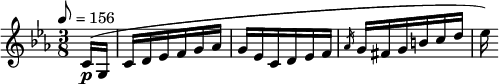 
\relative c' { \set Staff.midiInstrument = #"violin" \clef treble \time 3/8 \key c \minor \tempo 8 = 156 \partial 8*1 c16(\p g | c d ees f g aes | g ees c d ees f | \slashedGrace { aes } g fis g b c d | ees) } 