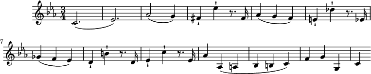 
\version "2.18.2"
\header {
  tagline = ##f
}

\score {
  \new Staff \with {

  }
<<
  \relative c' {
    \key c \minor
    \time 3/4  
    \tempo 4 = 125
    \override TupletBracket #'bracket-visibility = ##f 

     %%Mozart — Concerto 24, mvt 1, th. 1
     c2.( ees2.) aes2( g4) fis-! ees'-! r8. fis,16 aes4( g f) e-! des'-! r8. ees,16 ges4( f ees) d-! b'-! 
     r8. d,16 ees4-! c'-! r8. ees,16 aes4 aes,4( a bes b c) f g g, c

  }
>>
  \layout {
     \context { \Score \remove "Metronome_mark_engraver" }
  }
  \midi {}
}
