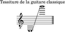 
\header {
  piece = "Tessiture de la guitare classique"
  tagline = ##f
}

\score {
  \relative c, {
    \clef "treble_8"
    \time 2/1

    e1\glissando b''''
    \bar "||"
  }
  \layout {
    \context {
      \Staff
      \remove "Time_signature_engraver"
    }
  }
  \midi {}
}
