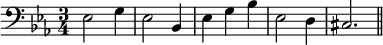 \relative c { \clef "bass" \key ees \major \time 3/4 ees2 g4 ees2 bes4 ees g bes ees,2 d4 cis2. \bar "||"} 