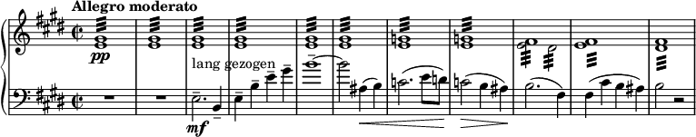 
{ \new PianoStaff << % This score generates several LilyPond warnings.
  \new Staff <<
    \new Voice { \set Score.tempoHideNote = ##t \tempo "Allegro moderato" 2 = 60
  \clef "treble" \key e \major \set Staff.midiInstrument = #"piano" \relative e \time 2/2 | % 1
  s1*8 | % 9
  \stemDown e'2 :32 dis'2 :32 s1*2 } % Warning: conflict with event: `tremolo-event'
  \new voice { \relative e % Warning: cannot create context: voice
  \clef treble | % 1
  \stemUp <e' gis'>1 \pp :32 | % 2
  <e' gis'>1 :32 | % 3
  <e' gis'>1 :32 | % 4
  <e' gis'>1 :32 | % 5
  <e' gis'>1 :32 | % 6
  <e' gis'>1 :32 | % 7
  <e' g'>1 :32 | % 8
  <e' g'>1 :32 | % 9
  fis'1^ :32 | \barNumberCheck #10 % Warning: maybe input should specify polyphonic voices; Warning: adding note head to incompatible stem; Warning: discarding event: `tremolo-event'
  <e' fis'>1^ :32 | % 11
  <dis' fis'>1 :32 } >>
\new Staff \relative e { \set Staff.midiInstrument = #"piano" \key e \major \clef bass \time 2/2
  R1*2 | % 3
  e2. \mf ^"lang gezogen" -- b4 -- | % 4
  e4 -- b'4 -- e4 -- gis4 -- | % 5
  b1 ~ -- | % 6
  b2 ais,4 \< ( b4 ) | % 7
  c2. ( e8 d8 ) | % 8
  c2 \! \> ( b4 ais4 ) | % 9
  b2. \! ( fis4 ) | \barNumberCheck #10
  fis4 ( cis'4 b4 ais4 ) | % 11
  b2 r2 }
>> }
