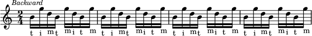 
\relative c'' {\clef treble
\time 2/4
\key c \major
\mark \markup { \small \italic "Backward" }
b16-t g'16-i d16-m b16-t g'16-m d16-i b16-t g'16-m | b,16-t g'16-i d16-m b16-t g'16-m d16-i b16-t g'16-m | b,16-t g'16-i d16-m b16-t g'16-m d16-i b16-t g'16-m | b,16-t g'16-i d16-m b16-t g'16-m d16-i b16-t g'16-m
}
