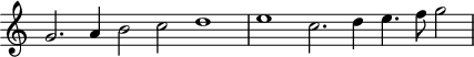 
\header {
  tagline = ##f
}

\score {
  \new Staff \with {
     \remove "Time_signature_engraver"
  }
<<
  \relative c'' {
    \key c \major
    %\clef bass
    \time 6/2
    \override TupletBracket #'bracket-visibility = ##f 

     %%% f° 11...
     g2. a4 b2 c d1 e  c2. d4  e4. f8 g2

  }
>>
  \layout {
     \context { \Score \remove "Metronome_mark_engraver" }
  }
  \midi {}
}
