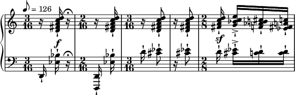 
{ \new PianoStaff << \new Staff \relative c'' { \set Staff.midiInstrument = #"violin" \clef treble \tempo 8 = 126 \override DynamicLineSpanner.staff-padding = #4 \time 3/16 r16 <d c a fis d>-! r16\fermata | \time 2/16 r <d c a fis d>-! \time 3/16 r <d c a fis d>8-! | r16 <d c a fis d>8-! | \time 2/8 <d c a fis>16-! <e c bes g>->-![ <cis b aes f>-! <c a fis ees>-!] } \new Staff \relative c { \set Staff.midiInstrument = #"violin" \clef bass \time 3/16 d,16-! <bes'' ees,>^\f-! r\fermata | \time 2/16 <d,, d,>-! <bes'' ees,>-! | \time 3/16 d16-! <ees cis>8-! | r16 <ees cis>8-! | \time 2/8 d16^\sf-! <ees cis>-!->[ <d c>-! <d c>-!] } >> } 