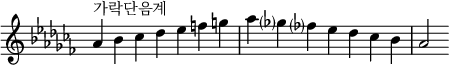  {
\omit Score.TimeSignature \relative c'' {
  \key aes \minor \time 7/4
  aes^"가락단음계" bes ces des es f g aes ges? fes? es des ces bes aes2
} }
