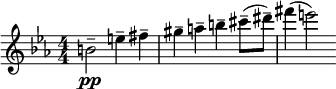 
  \relative c'' { \clef treble \numericTimeSignature \time 4/4 \key c \minor
   b2--\pp e4-- fis-- | gis-- a-- b-- cis8--( dis--) | fis4( e2) }
