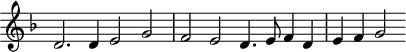 
\header {
  tagline = ##f
}

\score {
  \new Staff \with {
     \remove "Time_signature_engraver"
  }
<<
  \relative c' {
    \key f \major
    %\clef bass
    \time 4/2
    \override TupletBracket #'bracket-visibility = ##f 

     %%% f° 43v
     d2. d4 e2 g f e d4. e8 f4 d e f g2

  }
>>
  \layout {
     \context { \Score \remove "Metronome_mark_engraver" }
  }
  \midi {}
}
