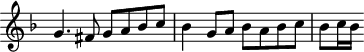 
\header {
  tagline = ##f
}

\score {
  \new Staff \with {
     \remove "Time_signature_engraver"
  }
<<
  \relative c'' {
    \key f \major
    %\clef bass
    \time 2/2
    \override TupletBracket #'bracket-visibility = ##f 

     %%% f° 51v
     g4. fis8 g a bes c bes4 g8 a bes a bes c bes[ c16 bes]

  }
>>
  \layout {
     \context { \Score \remove "Metronome_mark_engraver" }
  }
  \midi {}
}
