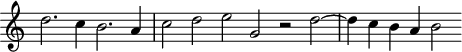 
\header {
  tagline = ##f
}

\score {
  \new Staff \with {
     \remove "Time_signature_engraver"
  }
<<
  \relative c'' {
    \key c \major
    %\clef bass
    \time 4/2
    \override TupletBracket #'bracket-visibility = ##f 

     %%% f° 20v-21v
     d2. c4 b2. a4 \time 6/2 c2 d e g, r2 d'2~ \time 4/2 d4 c b a b2

  }
>>
  \layout {
     \context { \Score \remove "Metronome_mark_engraver" }
  }
  \midi {}
}
