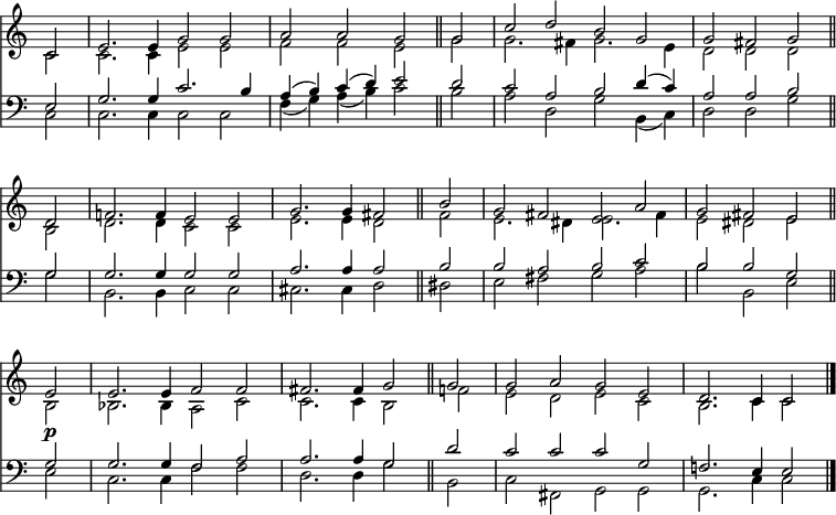 
<< <<
\new Staff { \clef treble \time 4/2 \partial 2 \key c \major \set Staff.midiInstrument = "flute" \omit Staff.TimeSignature \set Score.tempoHideNote = ##t \override Score.BarNumber  #'transparent = ##t
  \relative c' 
  << { c2 | e2. e4 g2 g | a a g \bar"||"
  g | c d b g | g fis g \bar"||" \break
  d | f!2. f4 e2 e | g2. g4 fis2 \bar"||"
  b | g fis e a | g fis e \bar"||" \break
  e\p | e2. e4 f2 f | fis2. fis4 g2 \bar"||"
  g | g a g e | d2. c4 c2 \bar"|." } \\
  { c2 | c2. c4 e2 e | f f e
  g | g2. fis4 g2. e4 | d2 d d
  b | d2. d4 c2 c | e2. e4 d2
  fis | e2. dis4 e2. fis4 | e2 dis e
  b | bes2. bes4 a2 c | c2. c4 b2 
  f'! | e d e c | b2. c4 c2 } >>
}
\new Lyrics \lyricmode {
}
\new Staff { \clef bass \key c \major \set Staff.midiInstrument = "flute" \omit Staff.TimeSignature
  \relative c
  << { e2 | g2. g4 c2. b4 | a( b) c( d) e2
  d | c a b d4( c) | a2 a b 
  g | g2. g4 g2 g | a2. a4 a2 
  b | b a b c | b b g
  g | g2. g4 f2 a | a2. a4 g2 
  d' | c c c g | f!2. e4 e2 } \\
  { c2 | c2. c4 c2 c | f4( g) a( b) c2 
  b | a d, g b,4( c) | d2 d g
  g | b,2. b4 c2 c | cis2. cis4 d2 
  dis | e fis g a | b b, e
  e | c2. c4 f2 f | d2. d4 g2
  b, | c fis, g g | g2. c4 c2 } >>
}
>> >>
\layout { indent = #0 }
\midi { \tempo 2 = 60 }
