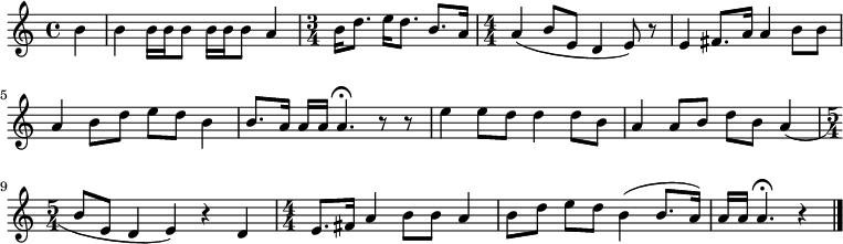 
{
% 0
    \partial 4   b'4  | 
%    b'4 s2. | 
% 1
    b'4 b'16 [ b'16 b'8 ] b'16 [ b'16 b'8 ] a'4 | 
% 2
    \numericTimeSignature \time 3/4  
    b'16 [ d''8. ] e''16 [ d''8. ] b'8. [ a'16 ] | 
% 3
    \numericTimeSignature \time 4/4  
    a'4 ( b'8 [ e'8 ] d'4 e'8 ) r8 | 
% 4
    e'4 fis'8. [ a'16 ] a'4 b'8 [ b'8 ] | 
% 5
    a'4 b'8 [ d''8 ] e''8 [ d''8 ] b'4 | 
% 6
    b'8. [ a'16 ] a'16 [ a'16 ] a'4. ^\fermata r8 r8 | 
% 7
    e''4 e''8 [ d''8 ] d''4 d''8 [ b'8 ] | 
% 8
    a'4 a'8 [ b'8 ] d''8 [ b'8 ] a'4 ( | 
% 9
    \time 5/4  
    b'8 [ e'8 ] d'4 e'4 ) r4 d'4 | 
\barNumberCheck #10
    \numericTimeSignature \time 4/4  
    e'8. [ fis'16 ] a'4 b'8 [ b'8 ] a'4  |
% 11
    b'8 [ d''8 ] e''8 [ d''8 ] b'4 ( b'8. [ a'16 ) ] | 
% 12
    a'16 [ a'16 ] a'4. ^\fermata r4 
\bar "|."
}

