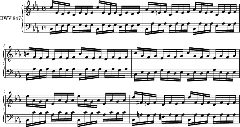 
\version "2.18.2"
\header {
  tagline = ##f
}

upper = \relative c'' {
    \clef treble 
    \key c \minor
    \time 4/4
    \tempo 4 = 84
    \set Staff.midiInstrument = #"harpsichord" 

   %% PRÉLUDE CBT I-2, BWV 847, ut mineur
   \repeat unfold 2 { c16 ees, d ees c ees d ees } 
   \repeat unfold 2 { aes16 f e f c f e f }
   \repeat unfold 2 { b16 f ees f d f ees f }
   \repeat unfold 2 { c'16 g f g ees g f g }
   \repeat unfold 2 { ees'16 aes, g aes ees aes g aes }
   \repeat unfold 2 { d16 fis, e fis d fis e fis }
   
}

lower = \relative c {
    \clef bass 
    \key c \minor
    \time 4/4
    \set Staff.midiInstrument = #"harpsichord" 

   \repeat unfold 2 { c16 g' f g ees g f g }
   \repeat unfold 4 { c,16 aes' g aes f aes g aes }
   \repeat unfold 2 { c,16 ees d ees g ees d ees }
   \repeat unfold 2 { c16 c' bes c aes c bes c }
   \repeat unfold 2 { c,16 a' g a fis a g a }

} 

\score {
  \new PianoStaff <<
    \set PianoStaff.instrumentName = #"BWV 847"
    \new Staff = "upper" \upper
    \new Staff = "lower" \lower
  >>
  \layout {
    \context {
      \Score
      \remove "Metronome_mark_engraver"
      %\override SpacingSpanner.common-shortest-duration = #(ly:make-moment 1/2) 
    }
  }
  \midi { }
}
