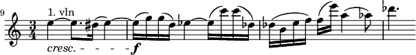 
\relative c'' {
\time 3/4
\set Staff.midiInstrument = #"string ensemble 1"
\set Score.tempoHideNote = ##t \tempo 4 = 80
  \set Score.barNumberVisibility = #all-bar-numbers-visible
  \override TupletBracket #'stencil = ##f
  \set Score.currentBarNumber = #9
  \key c\major
  % Permit first bar number to be printed
  \bar ""
e4~\cresc^"1. vln" e8. dis16( e4~) | e16\f( g) g( d) es4~ es16( c') c( des,)  | des( b e f) f( e') a,4( as8)  | des4.

}
