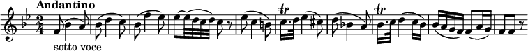 
\relative c'' {
  \version "2.18.2"
  \tempo "Andantino"
  \key bes \major
  \time 2/4
  \tempo 4 = 60
  f,8 _ \markup {sotto voce} (bes4 a8)
  bes (d4 c8)
  bes (f'4 ees8)
  ees ~ ees32 (d c d) c8 r
  ees8 (c4 b8)
  c16. \trill d32 ees4 (cis8)
  d8 (bes!4 a8)
  bes16. \trill c32 d4 (c16 bes)
  bes (a g f) f8 (a16 g)
  f8 f r
}
