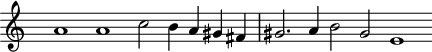 
\header {
  tagline = ##f
}

\score {
  \new Staff \with {
     \remove "Time_signature_engraver"
  }
<<
  \relative c'' {
    \key c \major
    %\clef bass
    \time 4/1
    \override TupletBracket #'bracket-visibility = ##f 

     %%% f° 61-65
     s2 a1 a  c2 b4 a gis fis | gis2. a4 b2 gis  e1
  }
>>
  \layout {
     \context { \Score \remove "Metronome_mark_engraver" }
  }
  \midi {}
}
