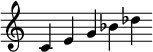  {
\override Score.TimeSignature #'stencil = ##f
\relative c' {\clef treble \time 7/4 c4 e g bes des} }