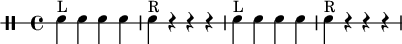 \header { tagline = ##f } \score { \new DrumStaff \with { drumStyleTable = #percussion-style \override StaffSymbol #'line-count = #1 } \drummode { \time 4/4 \tempo 4 = 120 snare4^"L" snare4 snare4 snare4 snare4^"R" r4 r4 r4 snare4^"L" snare4 snare4 snare4 snare4^"R" r4 r4 r4 } \layout { \context { \Score \remove "Metronome_mark_engraver" } } \midi {} }