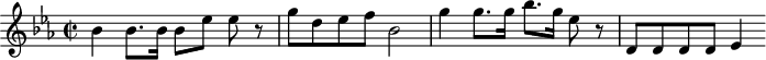 
\version "2.18.2"
\header {
  tagline = ##f
}

\score {
  \new Staff \with {

  }
<<
  \relative c'' {
    \key ees \major
    \time 2/2  
    \tempo 2 = 45
    \override TupletBracket #'bracket-visibility = ##f 

     %%Mozart — Concerto 24, mvt 2, th. 1
     bes4 bes8. bes16 bes8[ ees] ees r8 g8 d ees f bes,2 g'4 g8. g16  bes8.[ g16] ees8 r8 d,8 d d d ees4

  }
>>
  \layout {
     \context { \Score \remove "Metronome_mark_engraver" }
  }
  \midi {}
}
