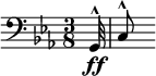  \relative c { \clef bass \time 3/8 \key c \minor \partial 32*1 g32^^\ff | c8^^ } 