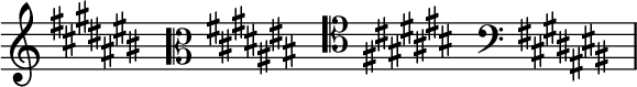 { \new Staff \with{ \magnifyStaff #3/2 } << \time 4/16 \override Score.TimeSignature #'stencil = ##f { \clef treble \key cis \major s16 \clef alto \key cis \major s16 \clef tenor \key cis \major s16 \clef bass \key cis \major s16 } >> }