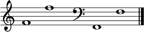 
\new Staff \with
{
  \omit TimeSignature
  fontSize = #2
  \override StaffSymbol.staff-space = #1.25
  \override StaffSymbol.thickness = #1.25
  \override Clef.full-size-change = ##t
  \override BarLine.hair-thickness = #2.4
  \override BarLine.thick-thickness = #7.5
  \override BarLine.kern = #3.75
  \override BarLine.transparent = ##t
}
{
  \time 18/8
  \clef treble
  s8
  f'1 f''
  s8
  \grace s8
  \clef bass
  \bar "|"
  s8
  f,1 f
  \override Staff.BarLine.transparent = ##f
  \bar "|."
}
