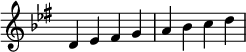 \relative c' { \omit Score.TimeSignature \set Staff.keyAlterations = #`((6 . ,FLAT)(2 . ,FLAT)(3 . ,SHARP)) d es fis g a bes c d }