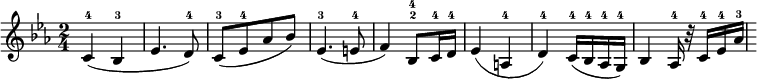 {\key c \minor  \numericTimeSignature \time 2/4 \relative c' { <c-4>4 ( <bes-3> | es4. <d-4>8) \noBreak <c-3>[( <es-4> as  bes)] |\noBreak es,4.-3( <e-4>8 | f4) <bes,^2^4>8 <c-4>16 <d-4>16) | es4 ( <a,^4> | <d-4>4 ) <c-4>16( <bes-4>16 <as-4>16 <g-4>16) | bes4 <as-4>16 r32 <c-4>16 <es-4>16 <as-3>16 }}