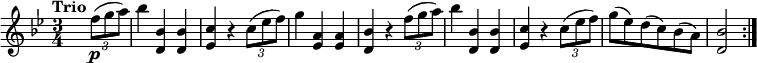 
 \relative c'' { 
         \version "2.18.2"
         \clef "treble" 
         \tempo "Trio" 
         \key bes \major
         \time 3/4
         \tempo 4 = 110
      s2 \tuplet 3/2 {f8\p (g a)} 
      bes4 <d,, bes'> <d bes'>
      <ees c'> r4  \tuplet 3/2 {c'8 (ees f)}
      g4 <ees, a> <ees a>
      <d bes'> r4 \tuplet 3/2 {f'8 (g a)} 
      bes4 <d,, bes'> <d bes'>
      <ees c'> r4  \tuplet 3/2 {c'8 (ees f)}
      g8 (ees) d (c) bes (a)
      <d, bes'>2 \bar ":|."
}
