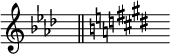 { \omit Score.TimeSignature \key aes \major s8^"" \bar "||" \key e \major s^""}