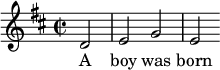  { \set Score.automaticBars = ##f  \key d \major \time 2/2 \relative c' {d2 \bar "|" e2 g2 \bar "|" e2} \addlyrics {A boy was born } }