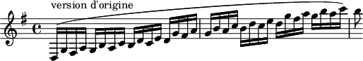 
\version "2.18.2"
\header {
  tagline = ##f
  % composer = "Mozart"
  % opus = ""
  % meter = "Allegro"
}

\score {
<<
  \relative c'' {
    \key g \major
    \time 4/4
    \tempo 4 = 110
    \override TupletBracket #'bracket-visibility = ##f 

     %%%%%%
     d,,16(^"version d'origine" g fis a g b a c b d c e d g fis a g b a c b d c e d g fis a g b a c) b8

  }
>>
  \layout {
     #(layout-set-staff-size 17)
     \context { \Score \remove "Metronome_mark_engraver" 
     \override SpacingSpanner.common-shortest-duration = #(ly:make-moment 1/2)
     }
  }
  \midi { \set Staff.midiInstrument = #"clarinet" }
}
