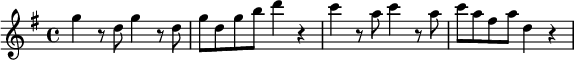 
\layout { \set Score.tempoHideNote = ##t }
\relative c''' { 
  \set Staff.midiInstrument = #"string ensemble 1"
  \tempo 4 = 148
  \key g \major
  \time 4/4
  g4 r8 d8 g4 r8 d8 | g8 d g b d4 r4 | c4 r8 a8 c4 r8 a8 | c8 a fis a d,4 r4
}
